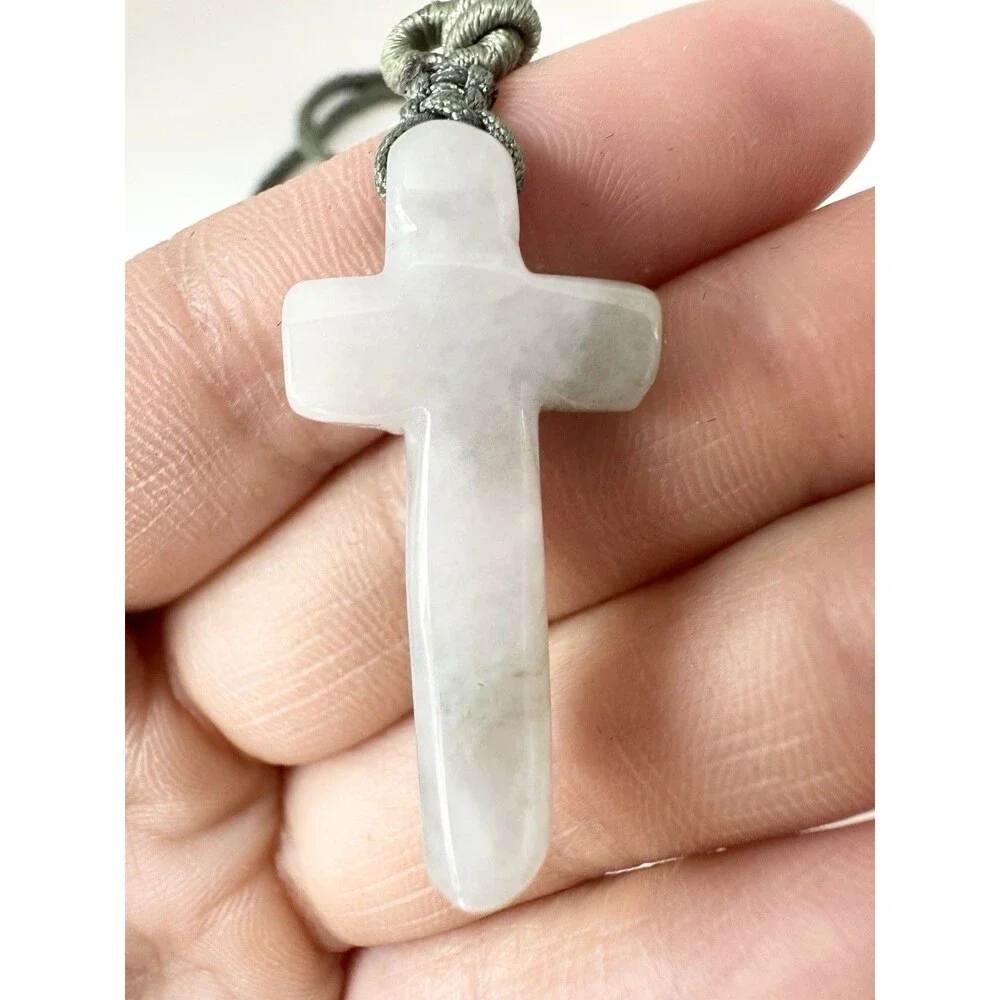 Natural Jade Carved Cross Necklace With Garnet Bead 26”